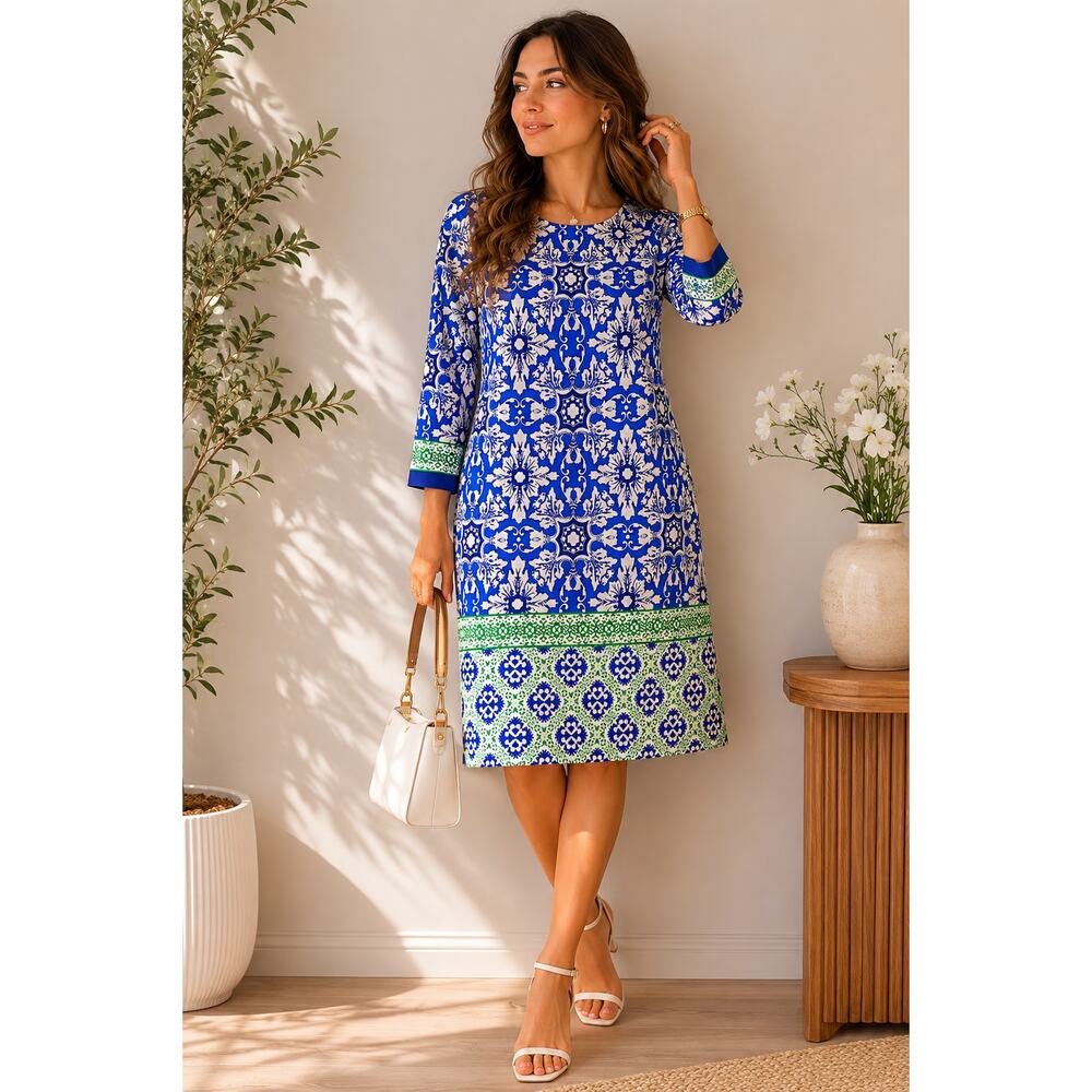 Eliza J Quiet Luxury Sheath Dress Womens Size 6 Blue Floral Classy Office Siren